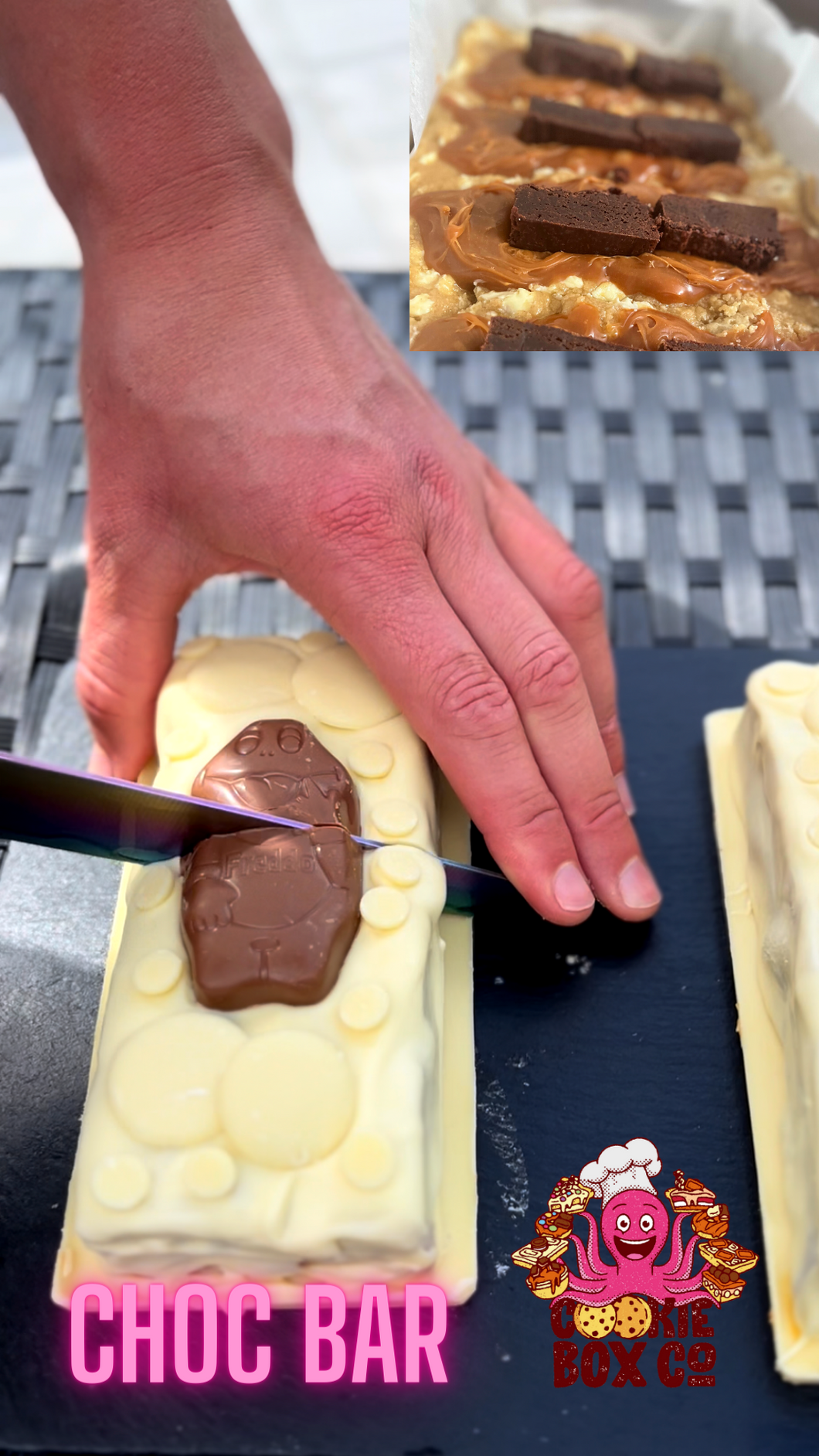 Brownie Caramel Cookie Dough Dough Bar (bar used to slice)